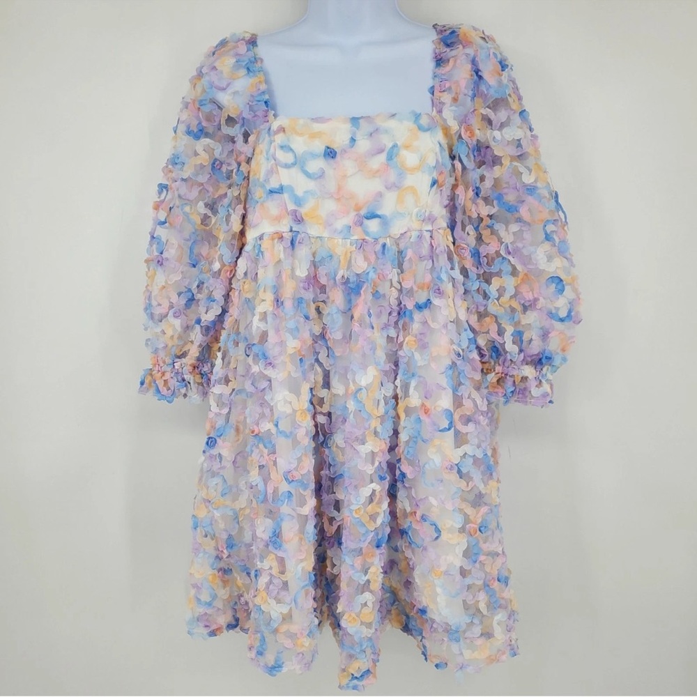 Storia Pastel Blue Floral Lace Puff Sleeve Mini Dress - Picture 5 of 5